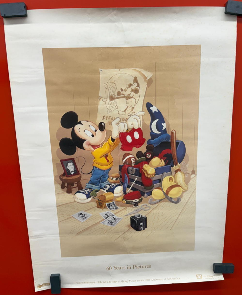 Disney Mickey Mouse 60 Years In Pictures Poster Kodak 1988 Vintage Worn